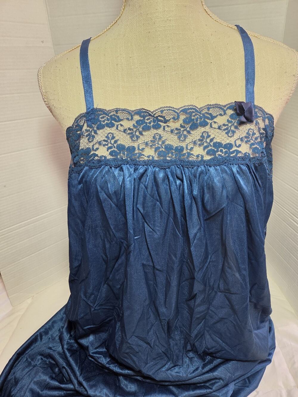 Navy Blue Lace Trim Sz L Vtg Slip Nightgown Maxi Y2K Sleep Dress Babydoll 90's